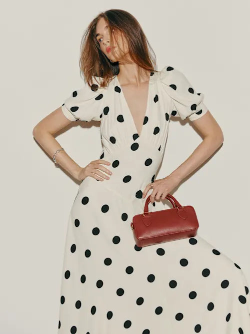 Ivory Black Polka Dot Deep V-Neck Puff Sleeve Prom Dress