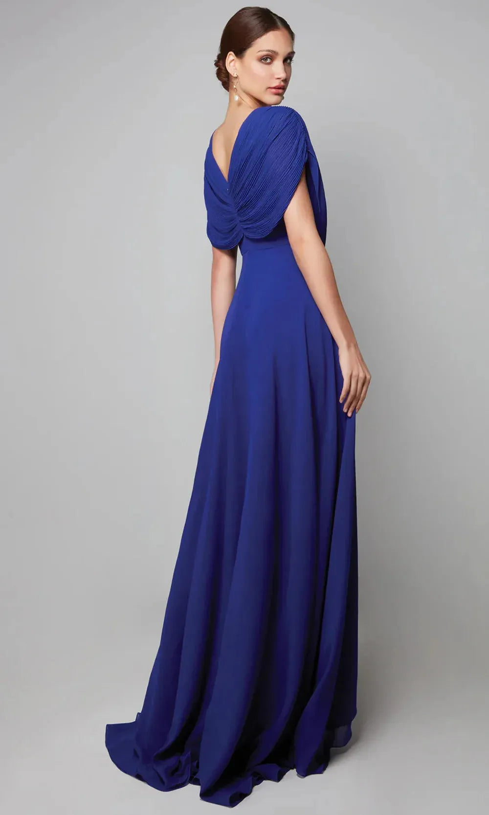 Fashionable A-line V-Neck Cape Sleeve Pleated Beaded Appliques Open Zip-Back Floor-Length Mother of the Bride Dress