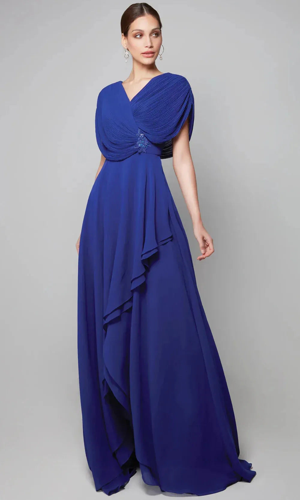 Fashionable A-line V-Neck Cape Sleeve Pleated Beaded Appliques Open Zip-Back Floor-Length Mother of the Bride Dress