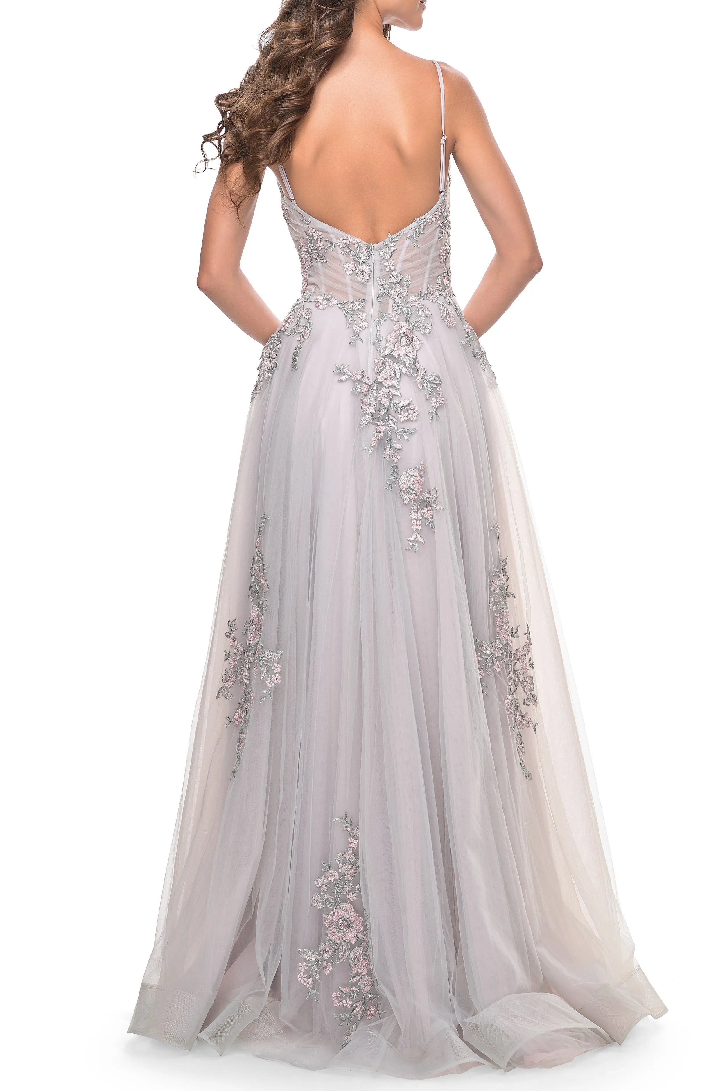 Elegant A -Line V -Neck Spaghetti Strap Floral Tulle Floor -Length Prom Dress with Lace Applique