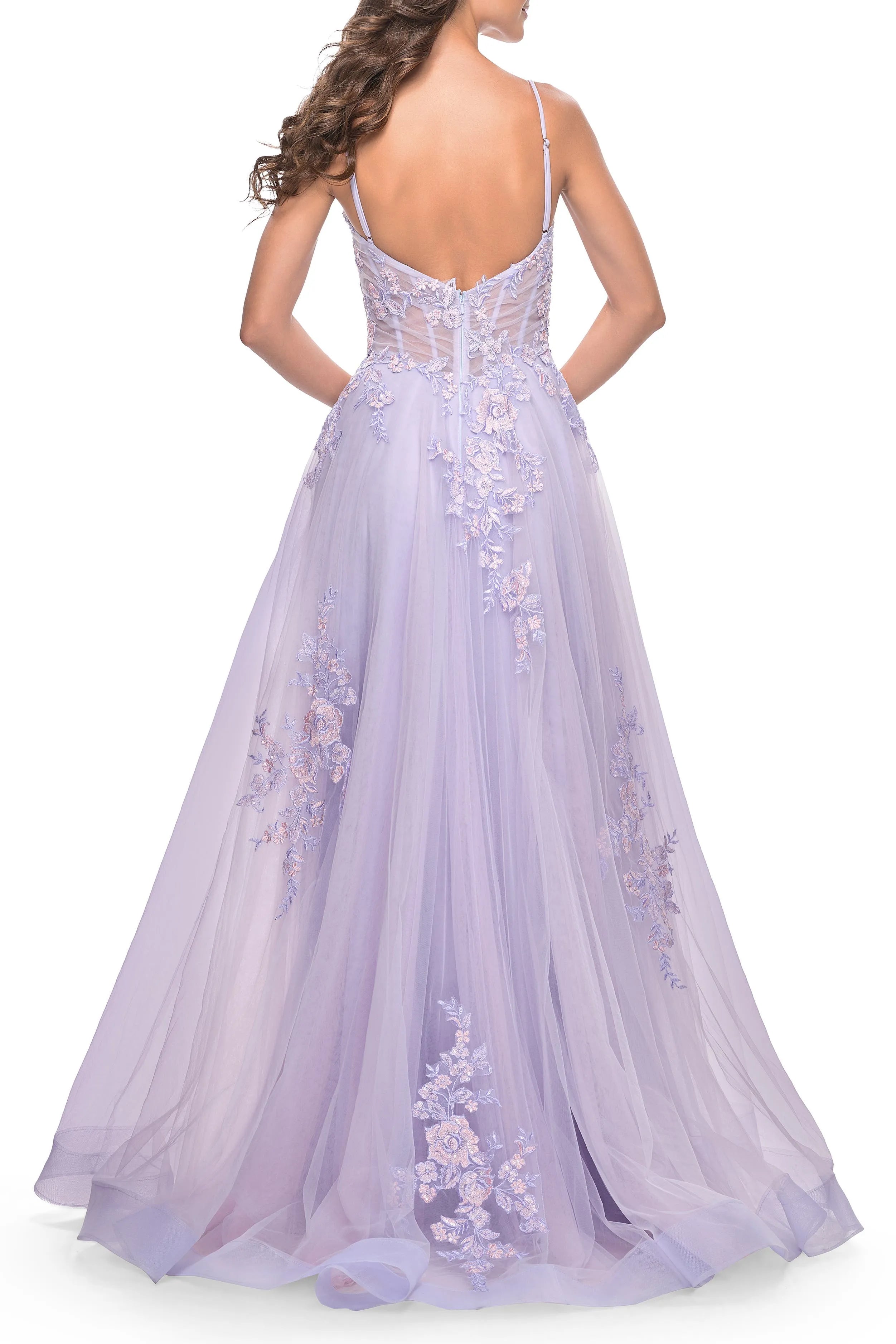 Elegant A -Line V -Neck Spaghetti Strap Floral Tulle Floor -Length Prom Dress with Lace Applique