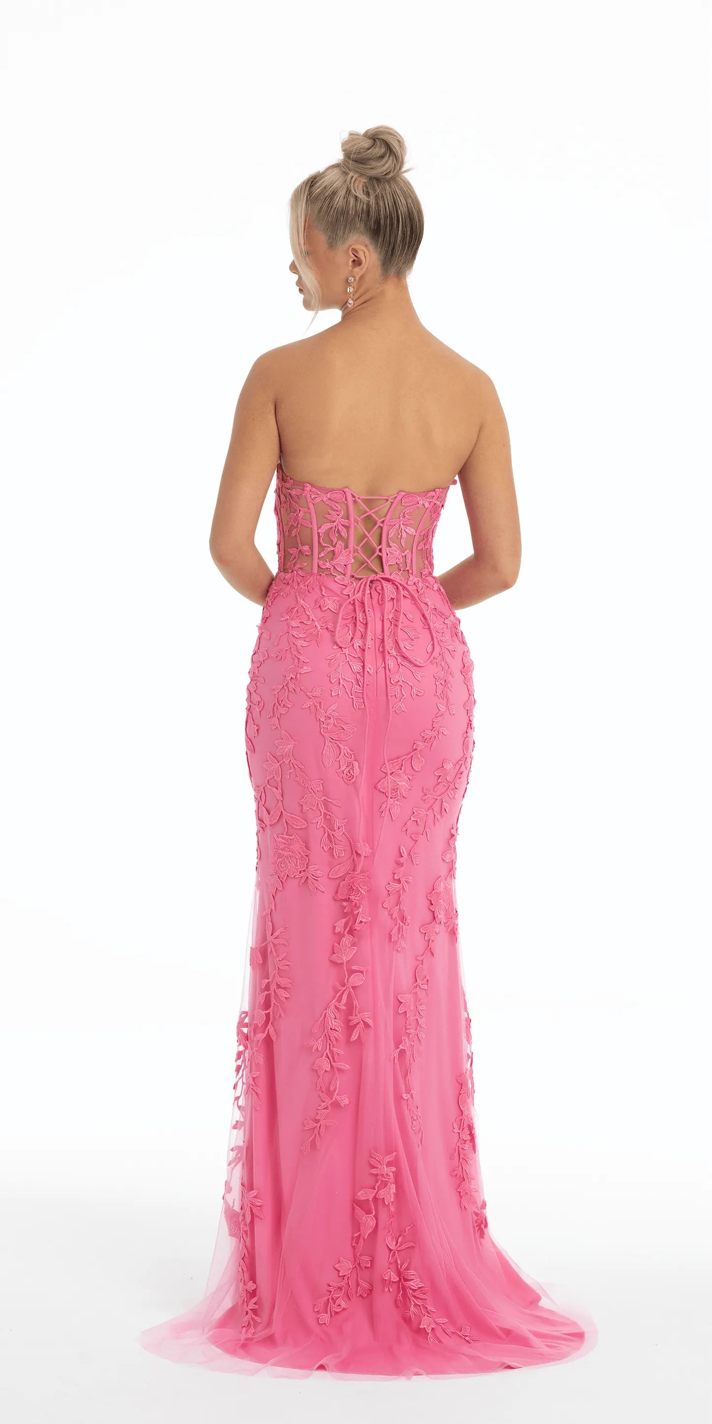 Lace Applique Mermaid Sweetheart Neck Strapless Lace-Up Back Train Length Prom Dress