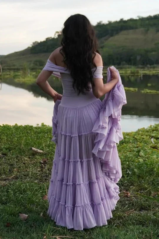 Lavender Off-Shoulder Tiered Ruffle Maxi Prom Dress with Circular Skirt