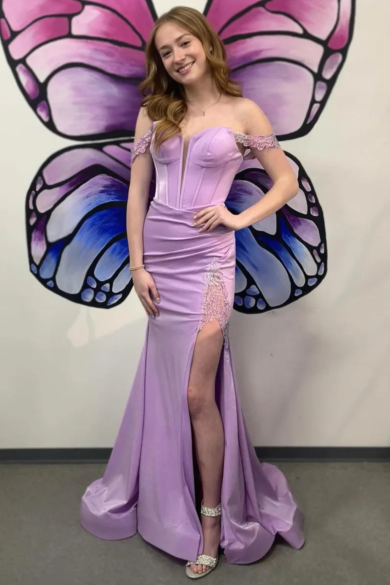 Lavender Off-the-Shoulder Mermaid Prom Dress with Lace-Up Back and High Slit