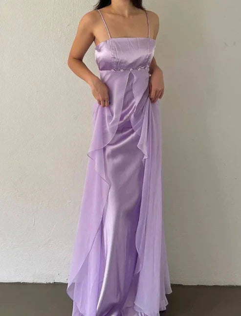 Lavender Satin Sleeveless Ruched Mermaid Evening Dress