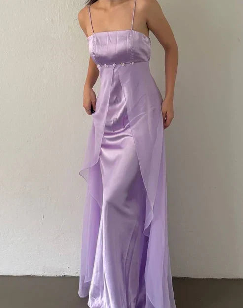 Lavender Satin Sleeveless Ruched Mermaid Evening Dress