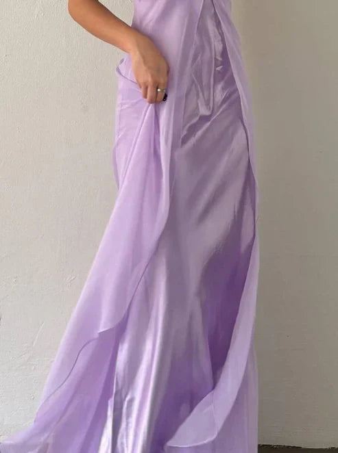 Lavender Satin Sleeveless Ruched Mermaid Evening Dress