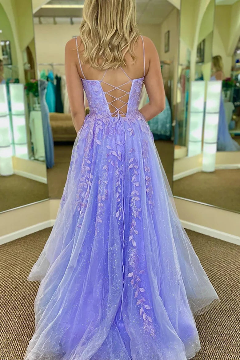 Lavender Spaghetti Strap Tulle Prom Dress with Floral Lace Appliqué and Lace-Up Back
