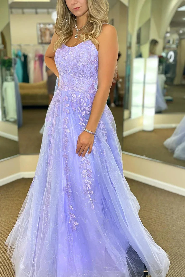 Lavender Spaghetti Strap Tulle Prom Dress with Floral Lace Appliqué and Lace-Up Back