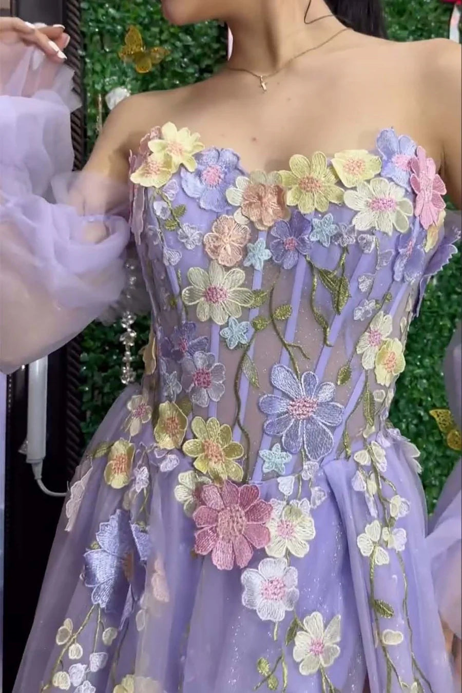 Lavender Tulle Floral Appliqué Off Shoulder Prom Dress with Slit