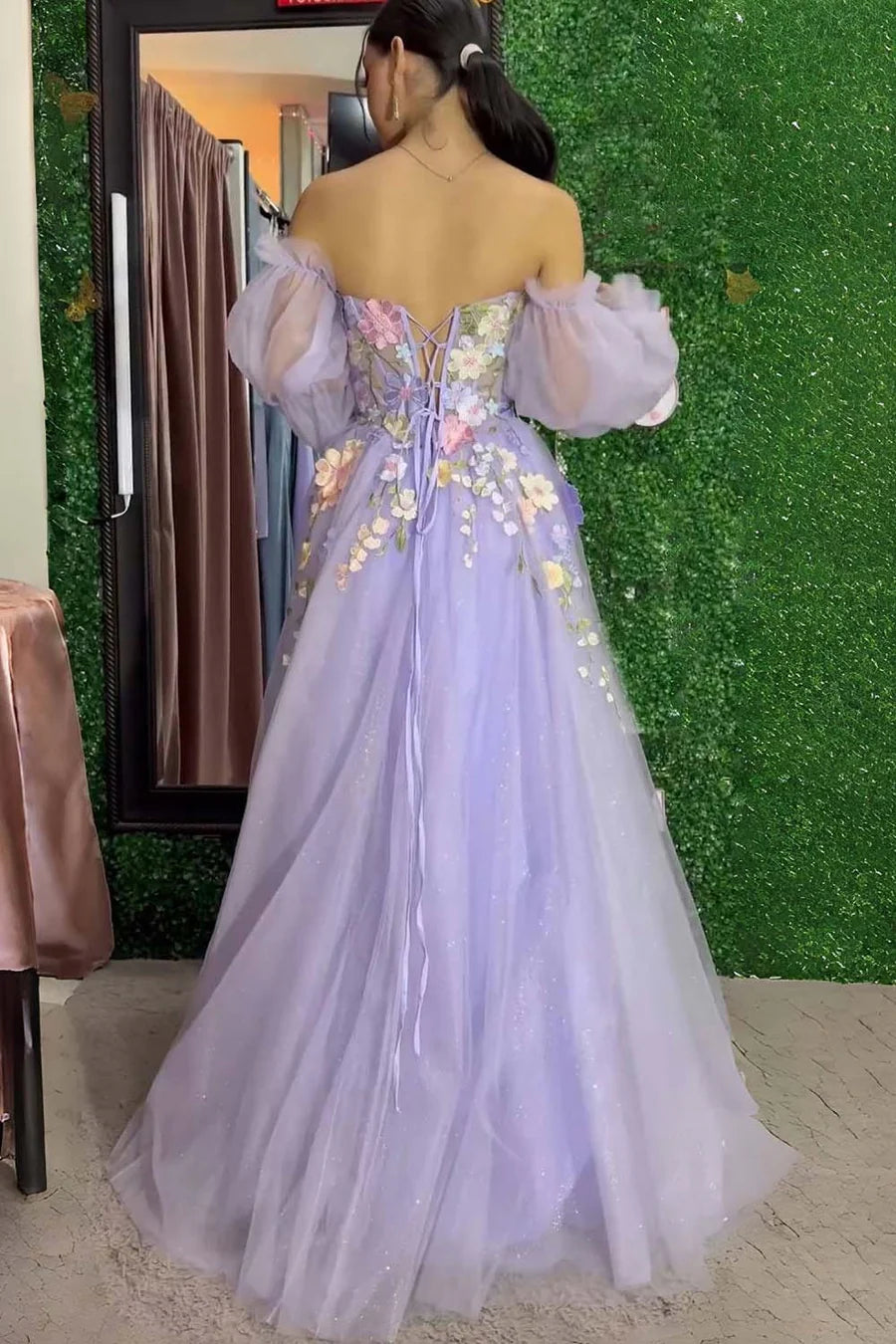 Lavender Tulle Floral Appliqué Off Shoulder Prom Dress with Slit