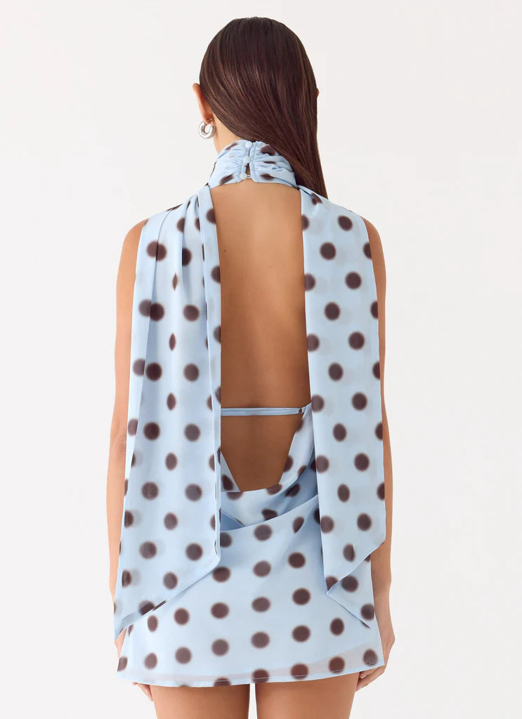 Light Blue Brown Polka Dot Halter Neck Cowl Backless Mini Dress For Elegant Casual Party Events