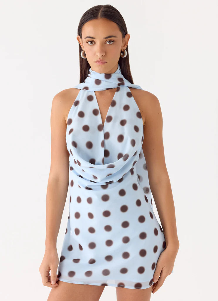 Light Blue Brown Polka Dot Halter Neck Cowl Backless Mini Dress For Elegant Casual Party Events