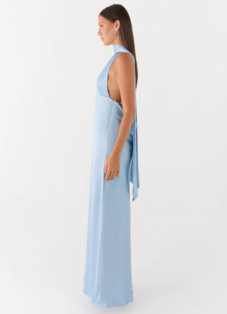 Light Blue Halter Neck Deep V Backless Satin Maxi Evening Dress For Elegant Formal Evening Events