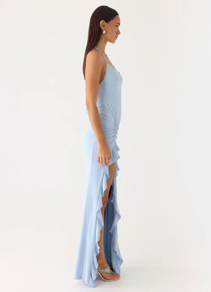 Light Blue Halter Neck Ruched Ruffle Slit Maxi Prom Dress for Formal Weddings and Events