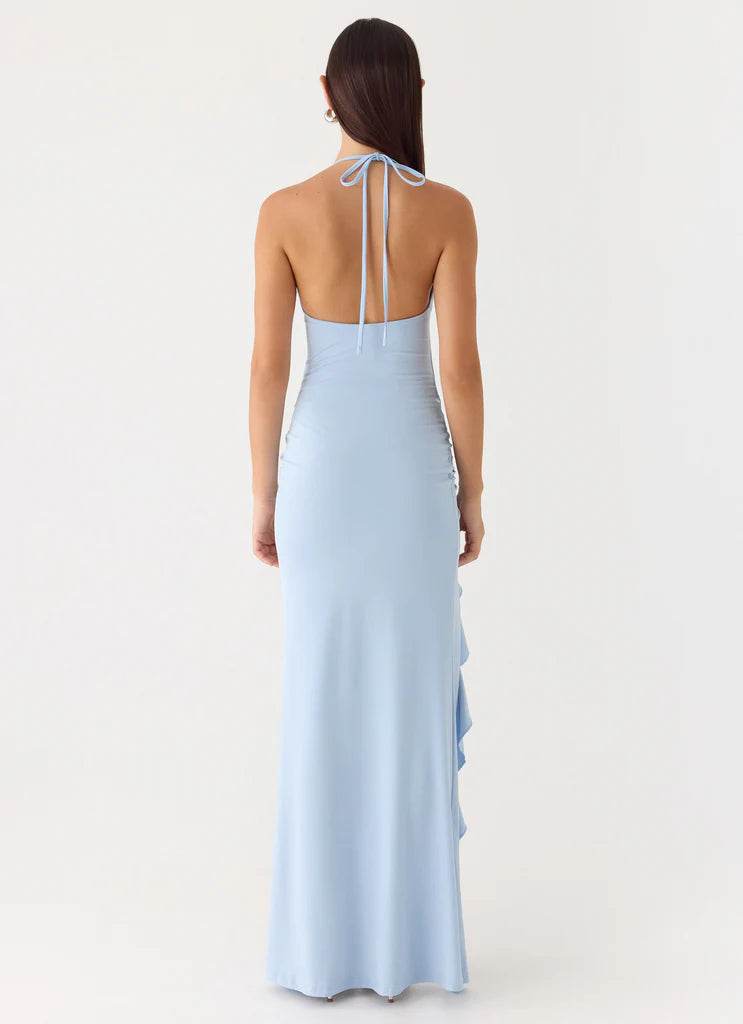 Light Blue Halter Neck Ruched Ruffle Slit Maxi Prom Dress for Formal Weddings and Events