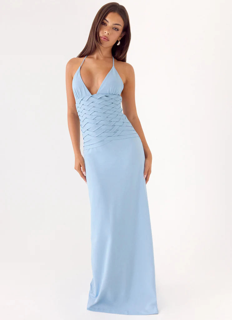 Light Blue Halter Neck Woven Waist Maxi Prom Dress For Glamorous Formal Evenings