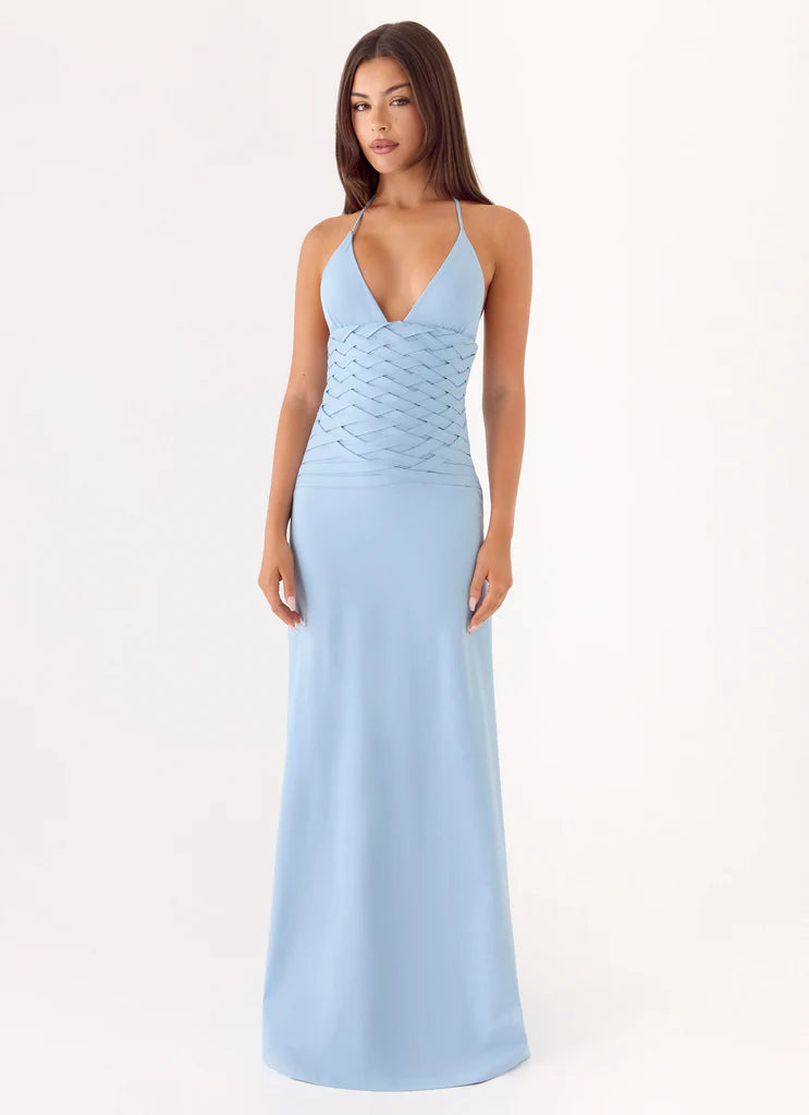 Light Blue Halter Neck Woven Waist Maxi Prom Dress For Glamorous Formal Evenings