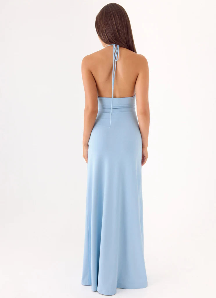 Light Blue Halter Neck Woven Waist Maxi Prom Dress For Glamorous Formal Evenings