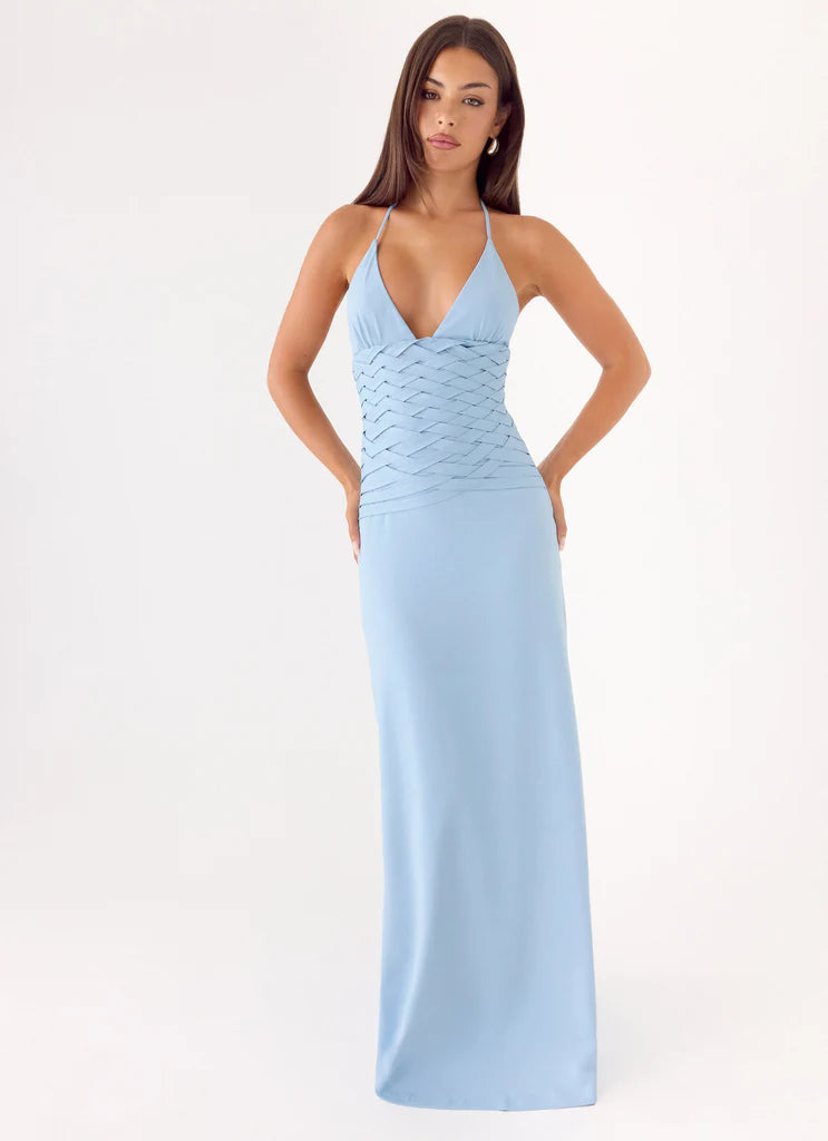 Light Blue Halter Neck Woven Waist Maxi Prom Dress For Glamorous Formal Evenings