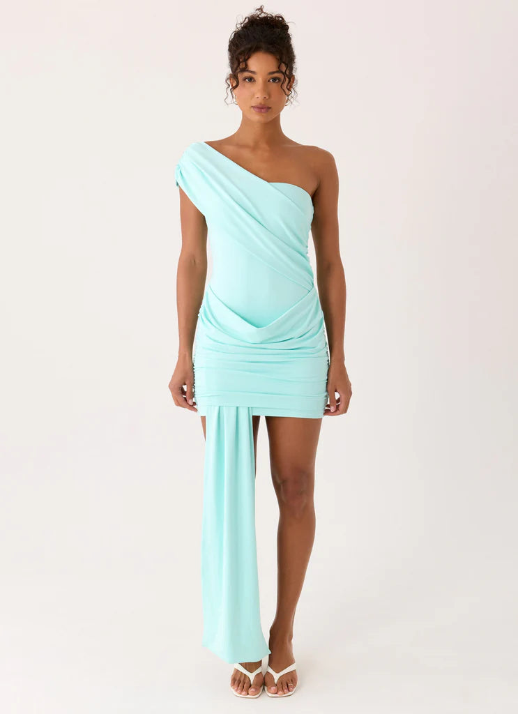 Light Blue One Shoulder Draped Ruched Tie Mini Dress For Elegant Formal Party Events