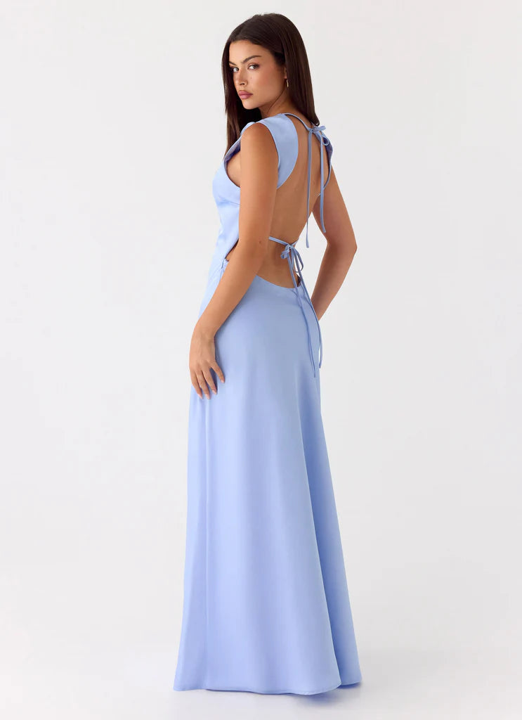 Light Blue Satin Cowl Neck Open Back Tie Detail Maxi Prom Dress for Events