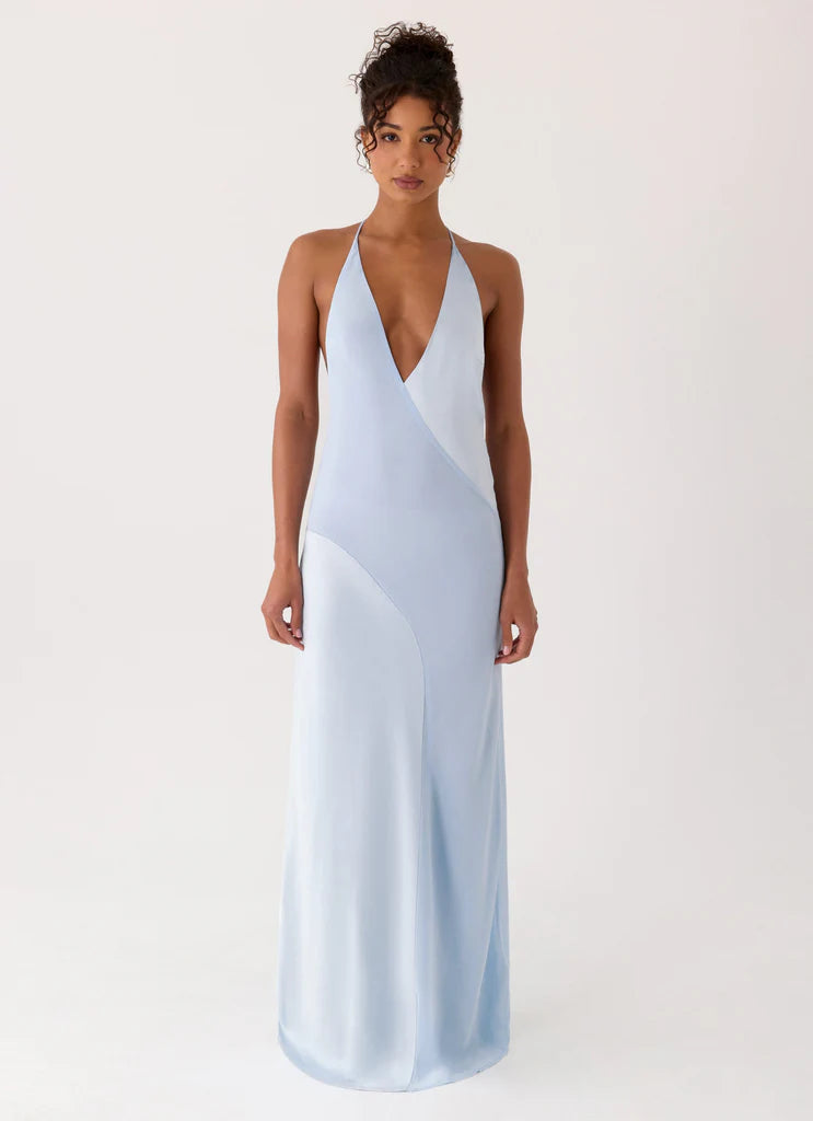 Light Blue Satin Halter Neck Deep V Open Back Maxi Prom Dress For Events