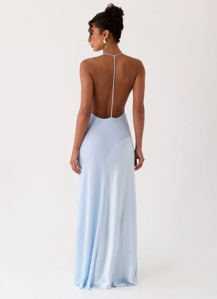 Light Blue Satin Halter Neck Deep V Open Back Maxi Prom Dress For Events