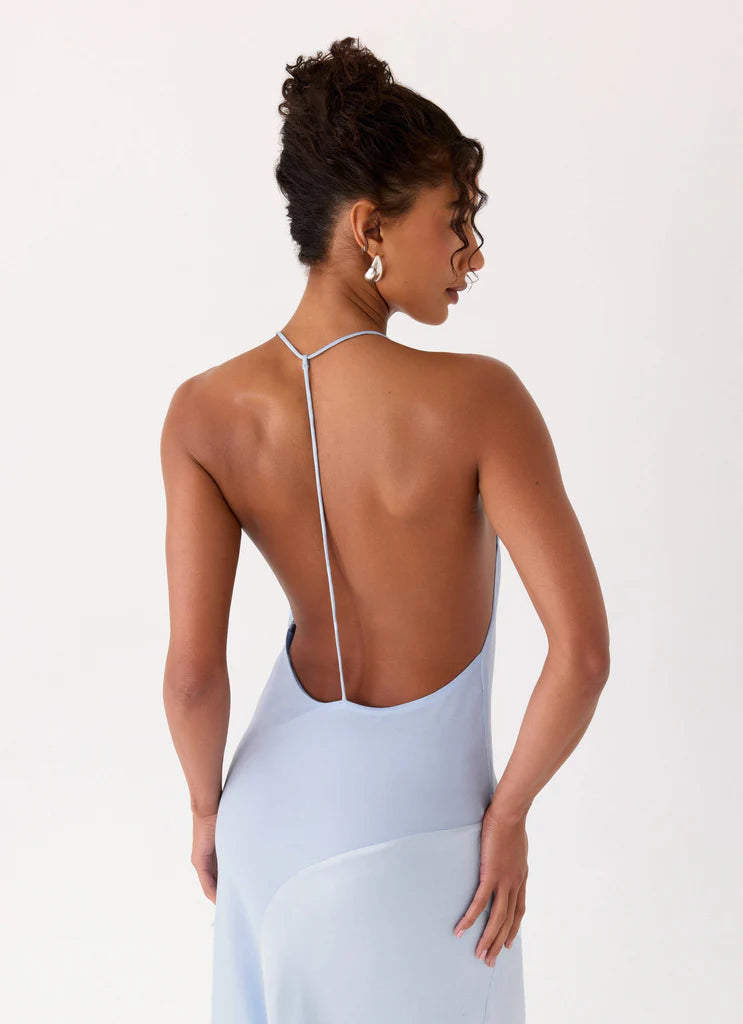 Light Blue Satin Halter Neck Deep V Open Back Maxi Prom Dress For Events