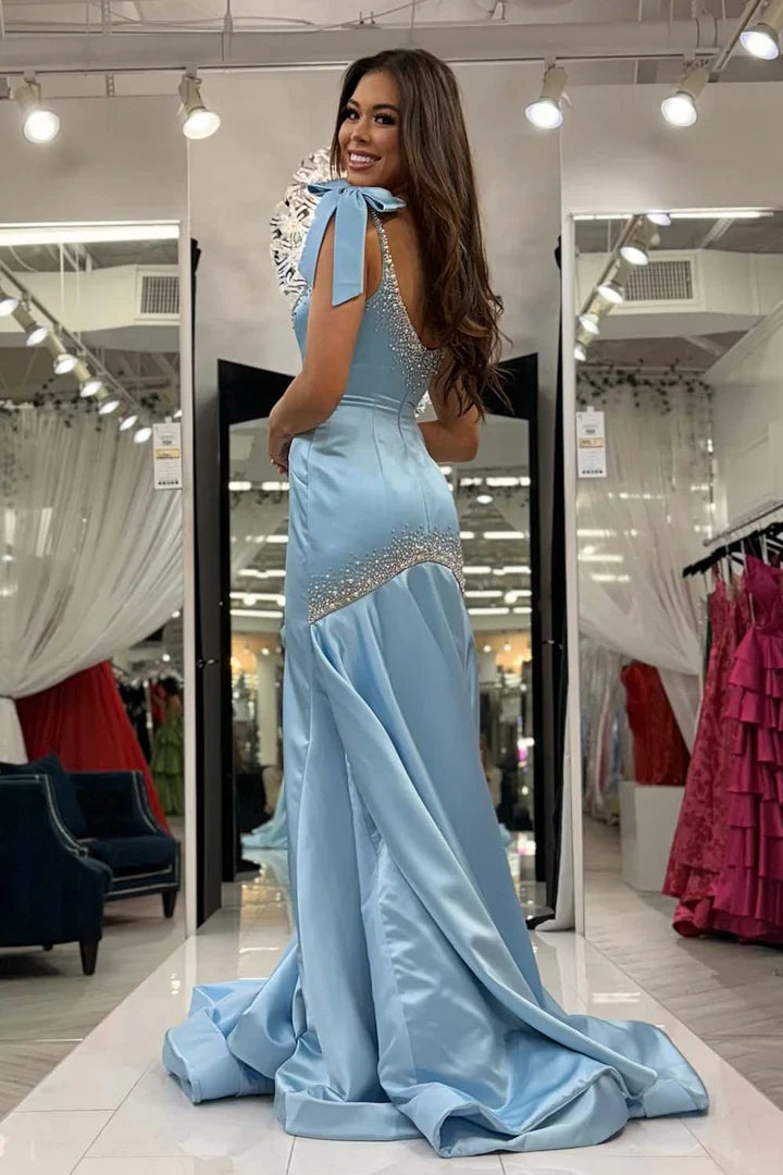 Light Blue Satin Spaghetti Strap Beaded Mermaid Prom Dress with Train