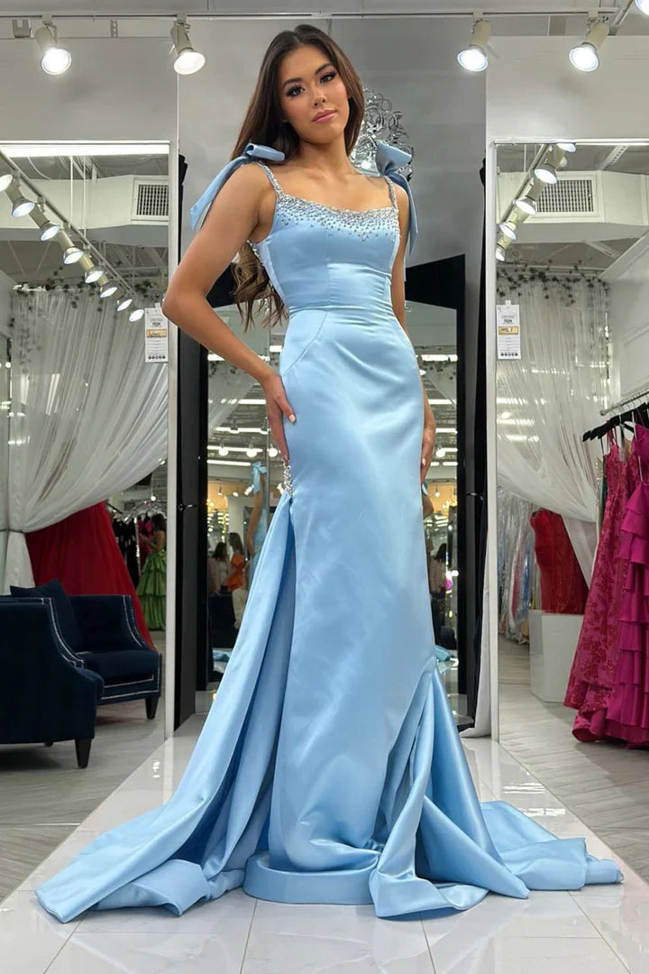 Light Blue Satin Spaghetti Strap Beaded Mermaid Prom Dress with Train
