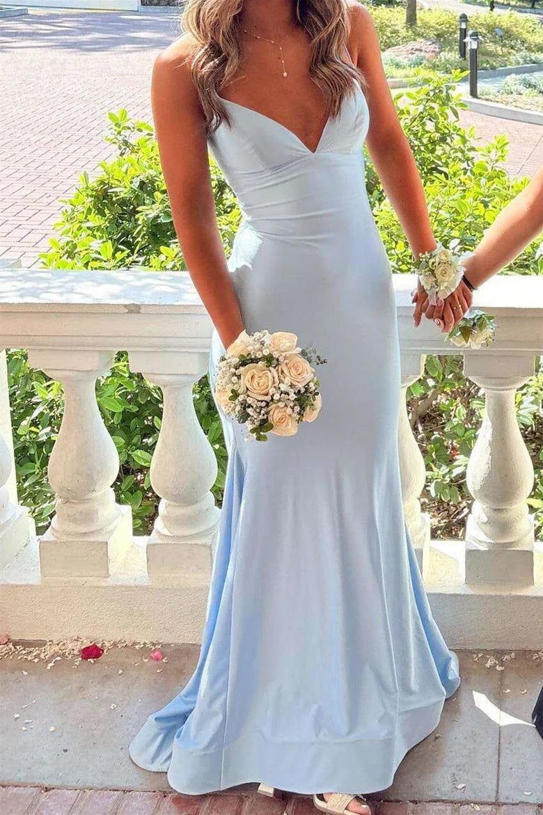 Light Blue Satin Spaghetti Strap Lace Up Back Mermaid Prom Dress
