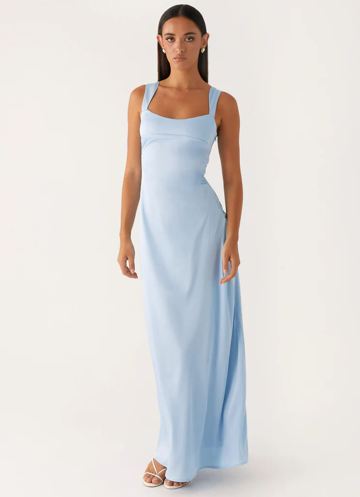 Light Blue Satin Square Neck Sleeveless Maxi Prom Dress For Elegant Formal Evening Events