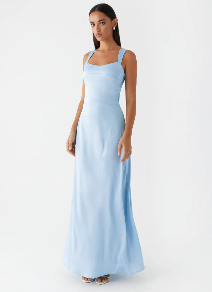 Light Blue Satin Square Neck Sleeveless Maxi Prom Dress For Elegant Formal Evening Events