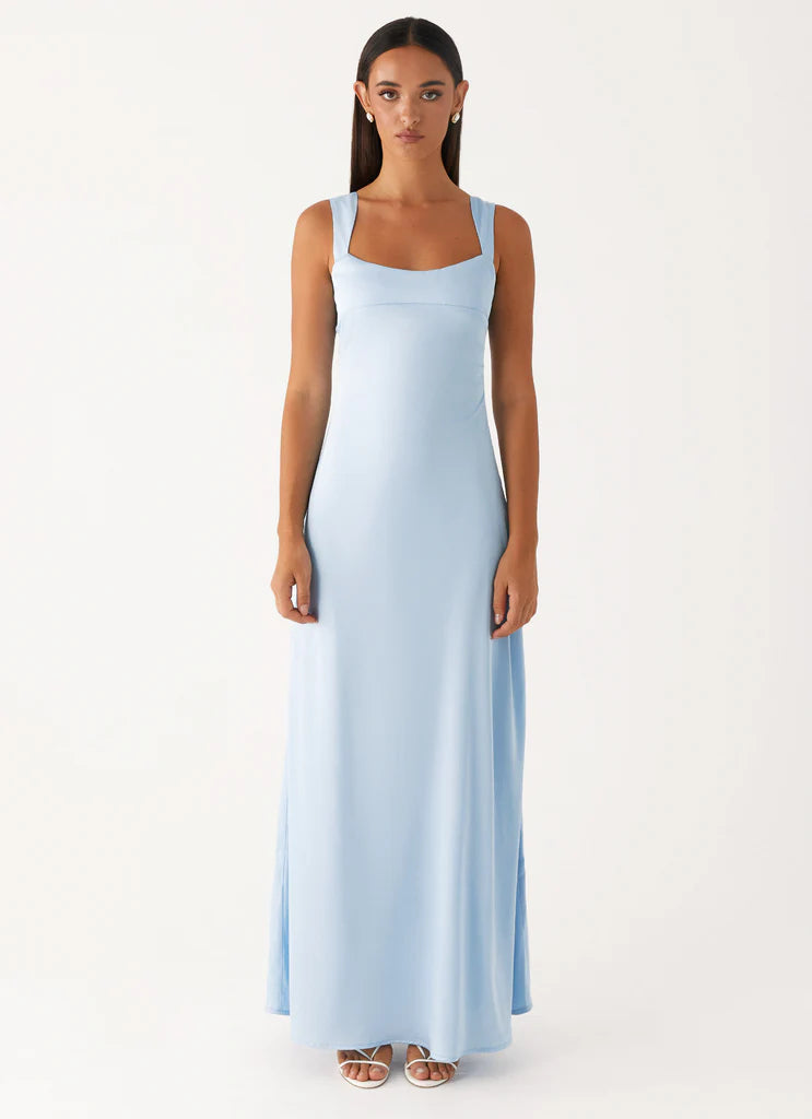 Light Blue Satin Square Neck Sleeveless Maxi Prom Dress For Elegant Formal Evening Events