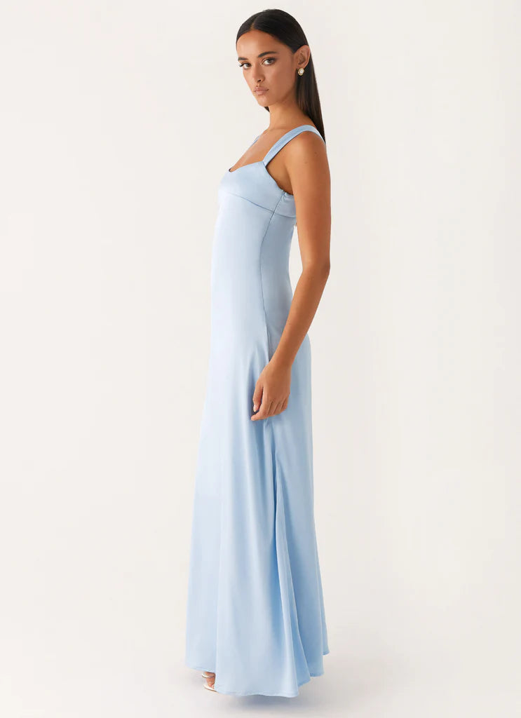 Light Blue Satin Square Neck Sleeveless Maxi Prom Dress For Elegant Formal Evening Events