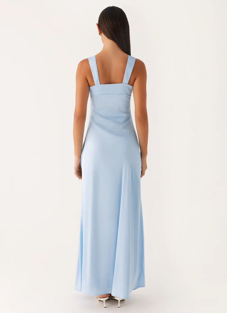 Light Blue Satin Square Neck Sleeveless Maxi Prom Dress For Elegant Formal Evening Events