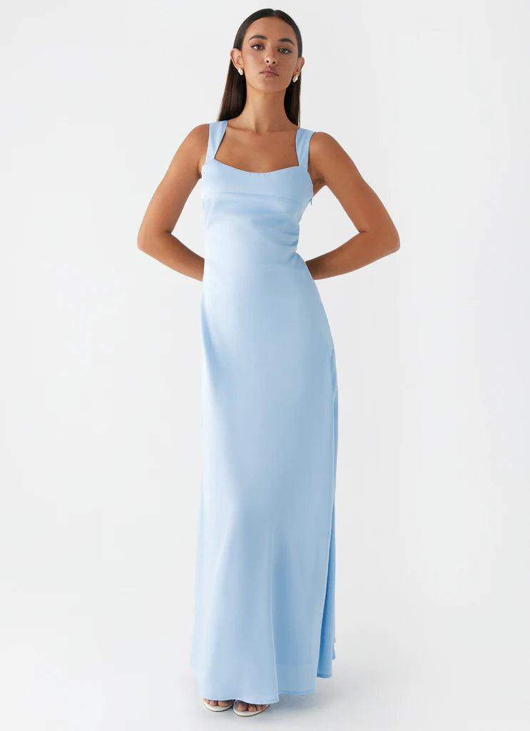 Light Blue Satin Square Neck Sleeveless Maxi Prom Dress For Elegant Formal Evening Events