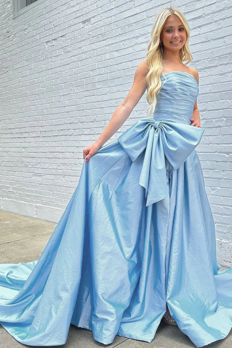 Light Blue Satin Strapless Oversized Bow Ball Gown Prom Dress For Events