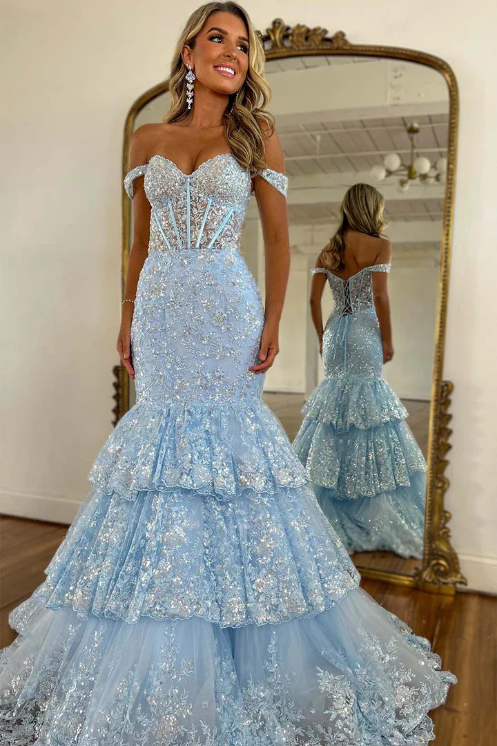 Light Blue Sequin Off-Shoulder Mermaid Tiered Ruffle Prom Dress with Lace-Up Back