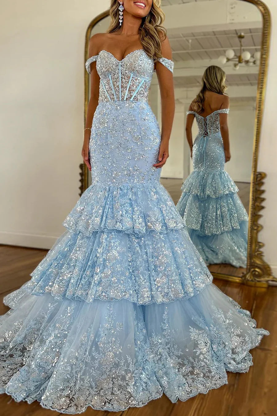 Light Blue Sequin Off-Shoulder Mermaid Tiered Ruffle Prom Dress with Lace-Up Back