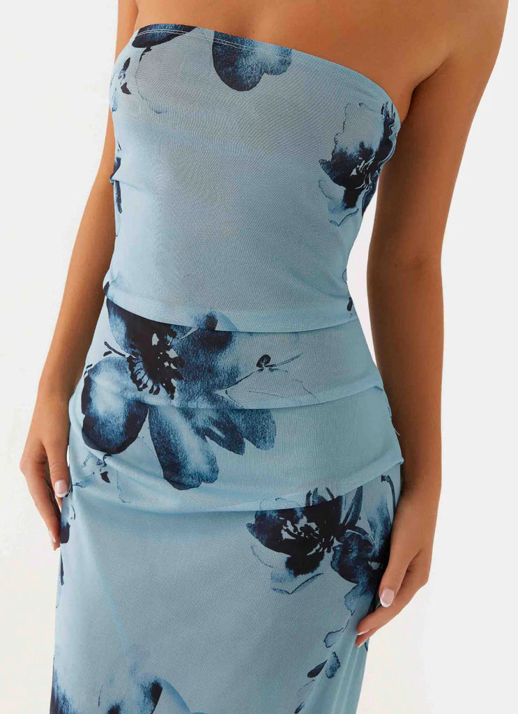 Light Blue Strapless Floral Print Ruched Maxi Prom Dress For Elegant Formal Evening Events