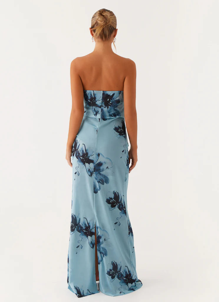 Light Blue Strapless Floral Print Ruched Maxi Prom Dress For Elegant Formal Evening Events