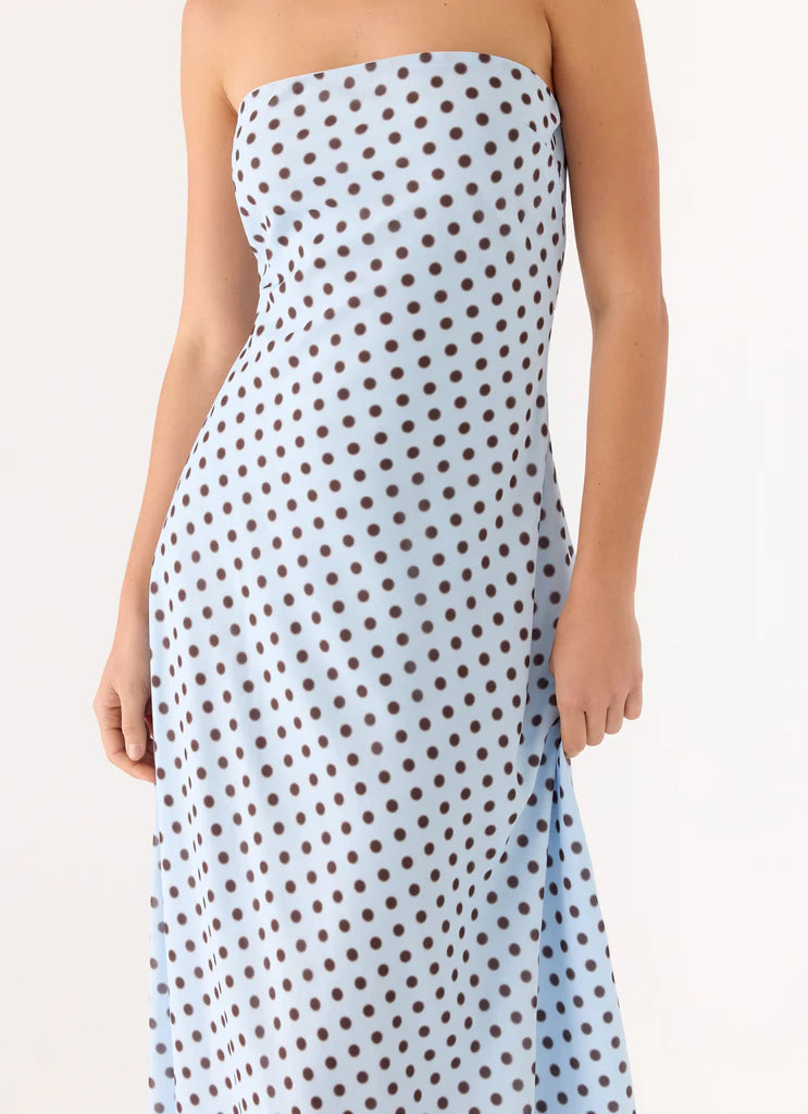 Light Blue Strapless Polka Dot Maxi Prom Dress For Elegant Formal Evening Events