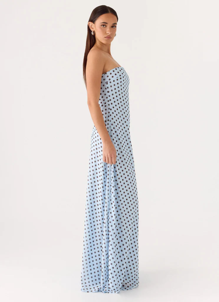 Light Blue Strapless Polka Dot Maxi Prom Dress For Elegant Formal Evening Events