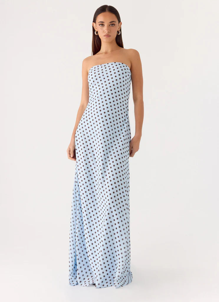 Light Blue Strapless Polka Dot Maxi Prom Dress For Elegant Formal Evening Events