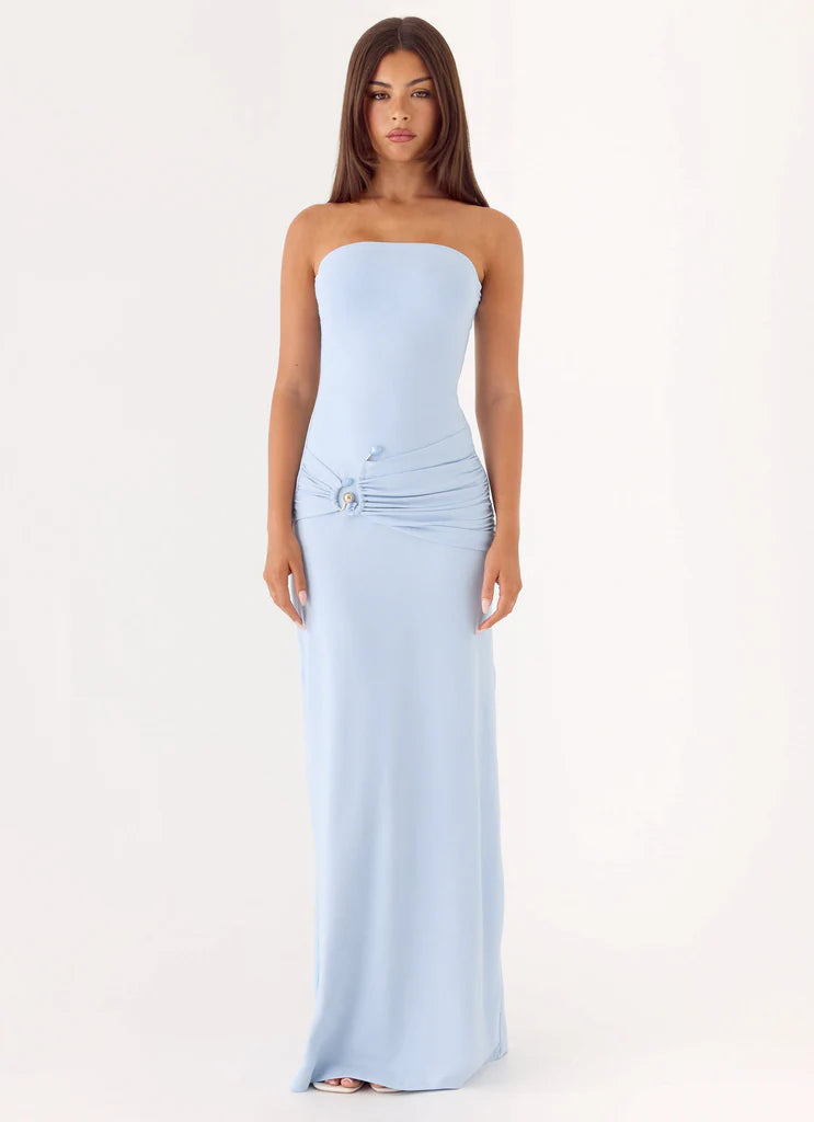 Light Blue Strapless Ruched Waist Button Detail Maxi Prom Dress
