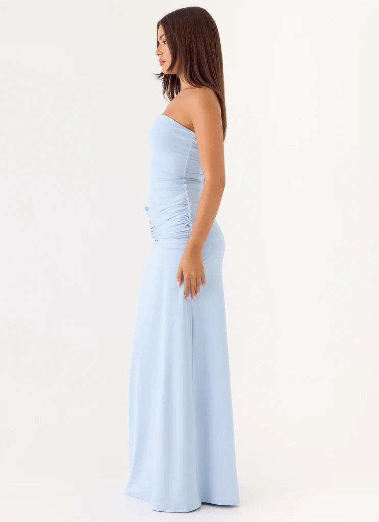 Light Blue Strapless Ruched Waist Button Detail Maxi Prom Dress