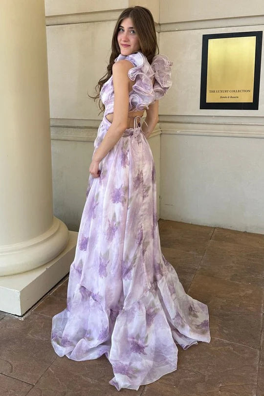 Lilac Floral Chiffon Ruffle Strap Lace Up Back Maxi Prom Dress For Evening