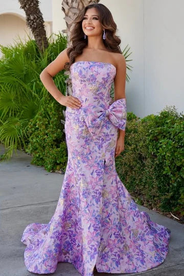 Lilac Floral Jacquard Strapless Bow Mermaid Prom Dress with High Slit